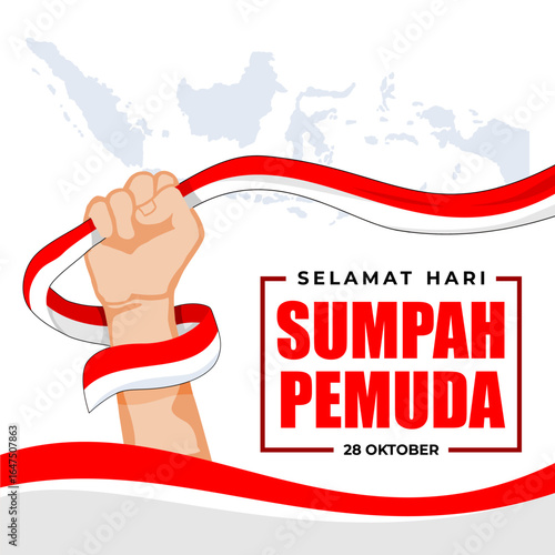 Indonesian youth pledge day celebration with raised fist and ribbon