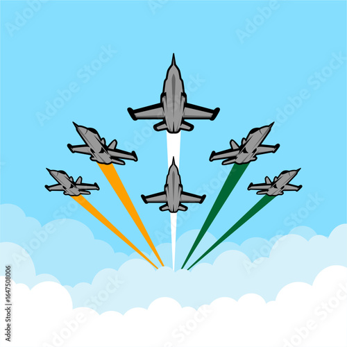 fighter jets flying in formation with indian flag smoke vector illustration