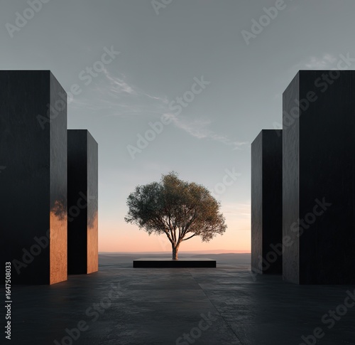 A minimalist composition, empty space, angular walls stretching to the horizon, with a tree in the distance