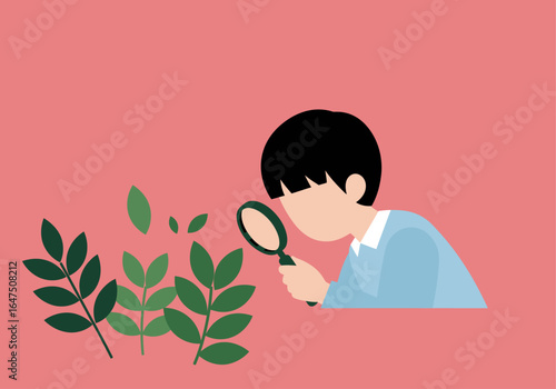 Child examining leaves with magnifying glass, scientific curiosity, nature exploration.