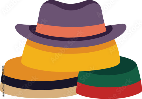 A vibrant collection of stylish hats in bold colors, from fedoras to top hats