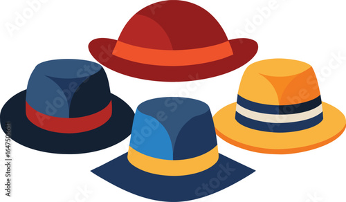 A vibrant collection of stylish hats in bold colors, from fedoras to top hats