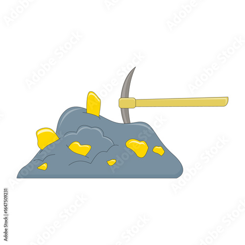 gold nugget and pickaxe. gold mine. miner. natural resources. wealth. treasure. investment. vector illustration.