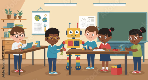 Elementary school students working together on a robot project in a classroom setting.