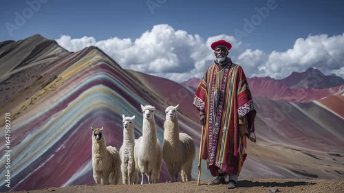 Fototapeta Rdzenny Peruwiańczyk w tradycyjnym stroju prowadzi lamy przez kolorowe Góry Tęczowe Vinicunca w Peru, pośród majestatycznych andyjskich krajobrazów.

