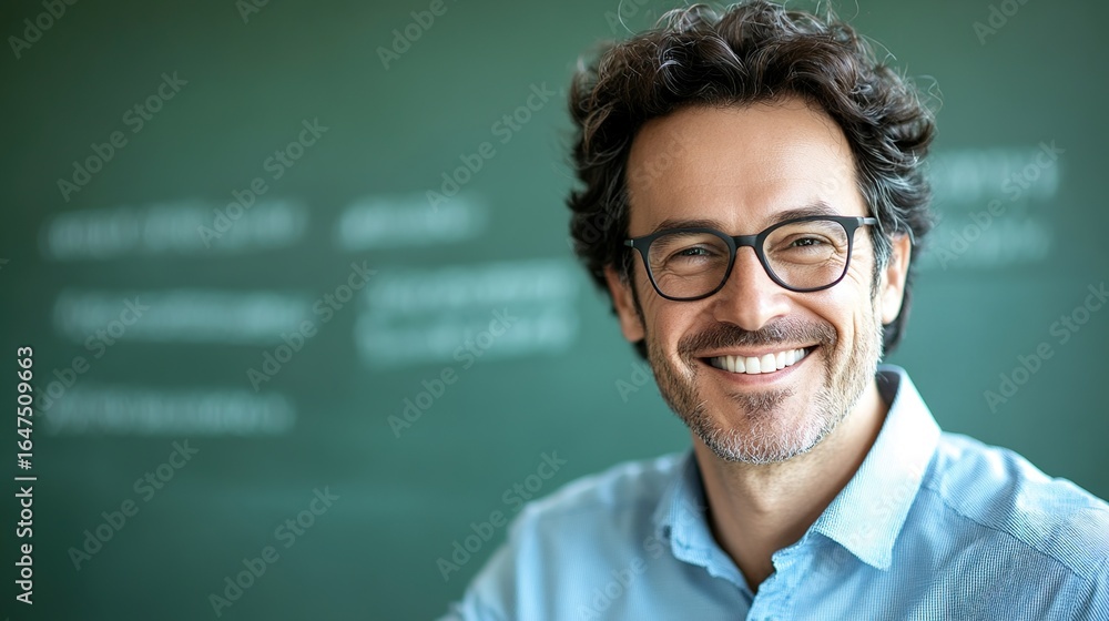 Obraz premium Smiling male teacher in classroom with students studying in background