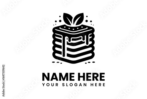 Stacked Pancakes with Drizzled Syrup Topped with Leaves and Dots.