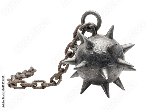 A detailed studio shot of a mace, a medieval weapon, composed of a spiked metal ball attached to a chain