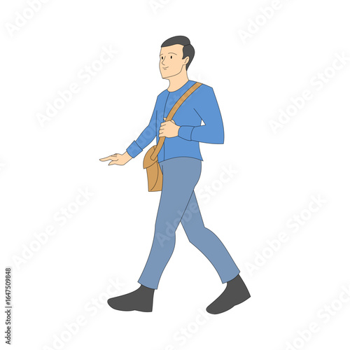 A man in a blue shirt carrying a brown shoulder bag is walking. Walking happily. Going to or coming home from work or school. Enthusiastic. Father. Flat character. Vector illustration