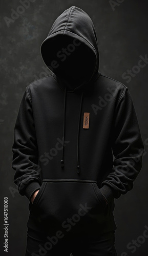 Black Knit Hoodie with Brown Tag on Dark Background