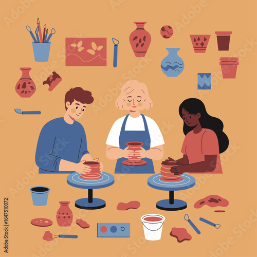A diverse group of people attending a pottery workshop, creating handmade ceramics on wheels.