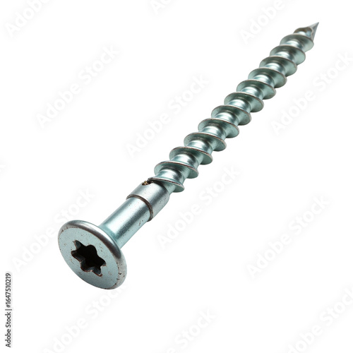 Close-up of shiny self-drilling screw, product clarity, Isolated