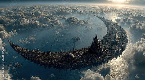 Black sky and blue glowing moon, floating city made of ancient ruins, a dark cinematic shot