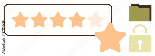 Five-star rating bar with one star highlighted, green folder, and lock icon. Ideal for evaluation, review, feedback, quality assurance, data security privacy and trust topics. Simple flat metaphor