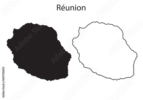 Reunion island map silhouette outline shape vector illustration isolated on white background for travel, geography and tourism design projects
