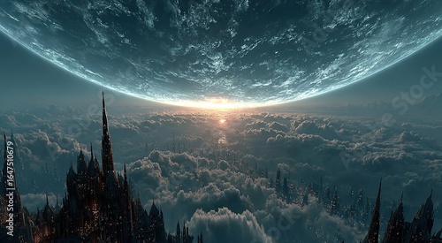 Black sky and blue glowing moon, floating city made of ancient ruins, a dark cinematic shot