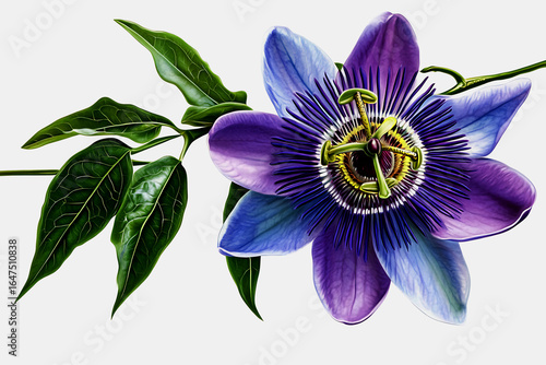 Exotic purple and blue passiflora flower with green leaves