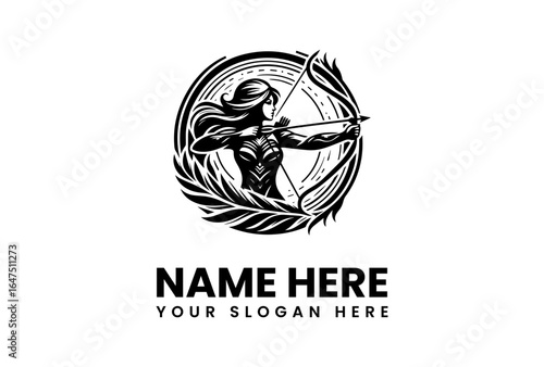 Stylized Archer Woman with Bow and Arrow in Leafy Circular Frame.