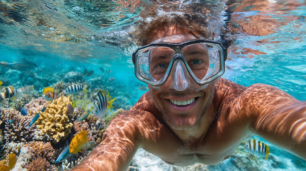 Naklejka premium Underwater portrait of man snorkeling in tropical coral reef