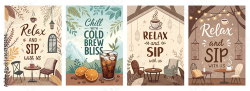 Set of cozy coffee-themed illustrations encouraging relaxation and sipping beverages in a warm setting.