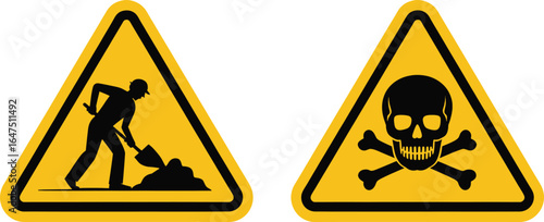 Warning signs construction danger hazard safety caution excavation skull bones yellow triangular attention silhouette