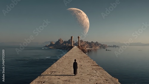 A still photo of an ancient Egyptian alien planet with water and a large moon hanging in the sky 