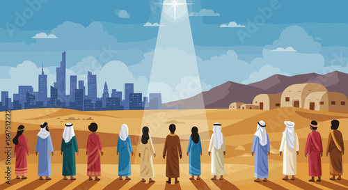 A group of people in traditional Middle Eastern clothing standing in a desert under a divine light beam from the sky.