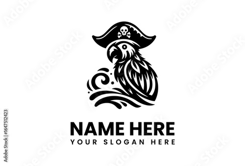 Stylized Black Parrot Wearing Pirate Hat with Skull and Crossbones.