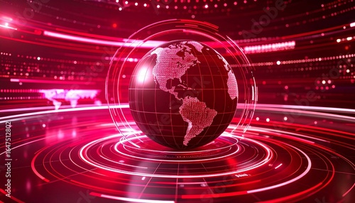 Dynamic digital globe with glowing red abstract background creates modern news broadcast atmosphere