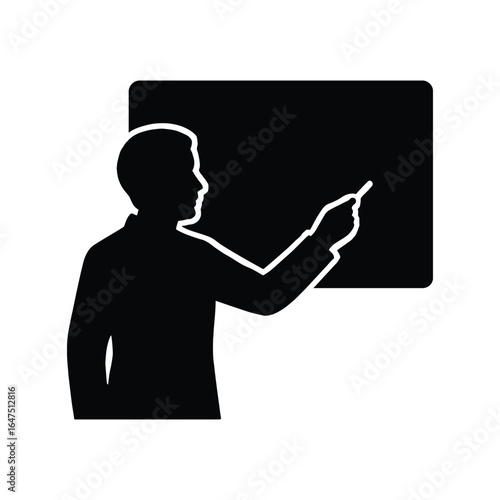 Silhouette of a teacher or presenter explaining data on a blank board.