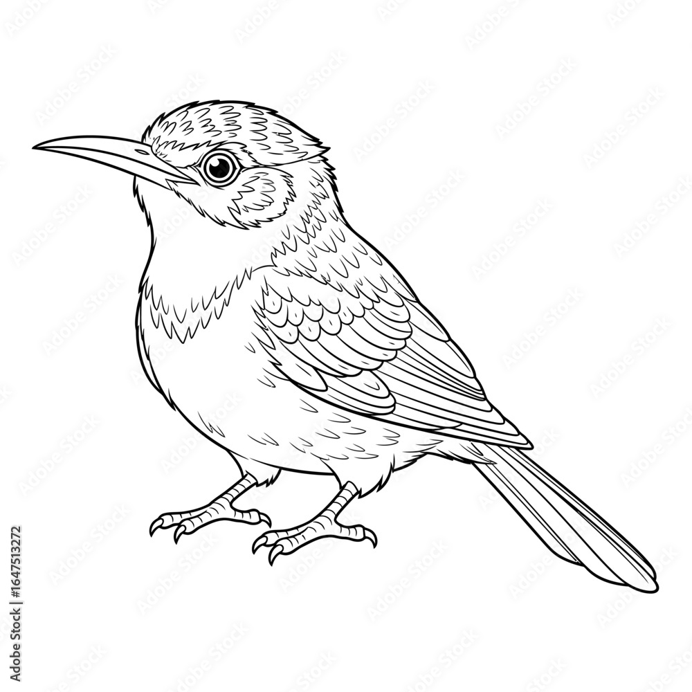 Fototapeta premium Bird Outline: A detailed line art illustration of a perched bird, perfect for coloring or design applications. The artwork beautifully depicts the bird's features.