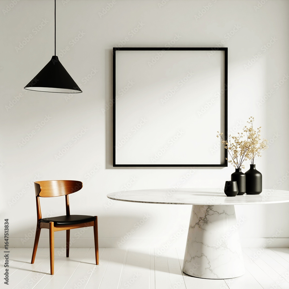 Fototapeta premium Modern dining space with marble table and pendant light