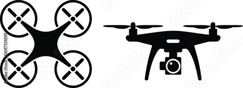 Drone technology unmanned aerial vehicle quadcopter uav aerial photography surveillance black icon vector art silhouette