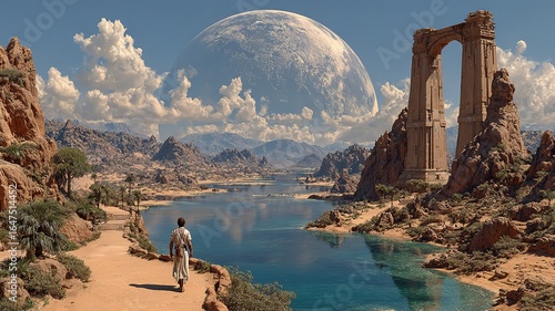 A still photo of an ancient Egyptian alien planet with water and a large moon hanging in the sky 