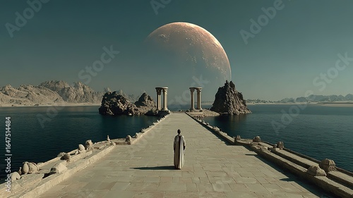 A still photo of an ancient Egyptian alien planet with water and a large moon hanging in the sky 