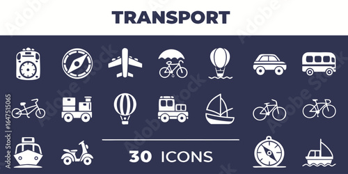 Vector art of collection of transport icons representing various modes of transportation for travel and logistics