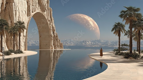 A still photo of an ancient Egyptian alien planet with water and a large moon hanging in the sky 