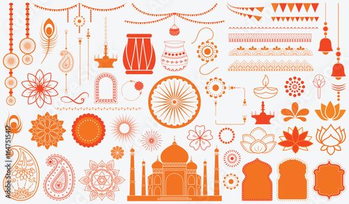 Indian Festival Decorations and Festive Elements Collection, Indian Cultural Ornament Vector Set