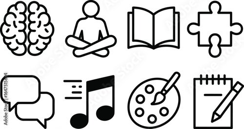 Creative Process Icons Set Brain, Meditation, Book, Puzzle, Art, Music, Note