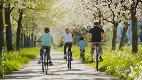 Wallpaper Mural Children and adult cycling tree lined path with blooming white flowers and green grass springtime, enjoying outdoor activity and fresh air with Torontodigital.ca