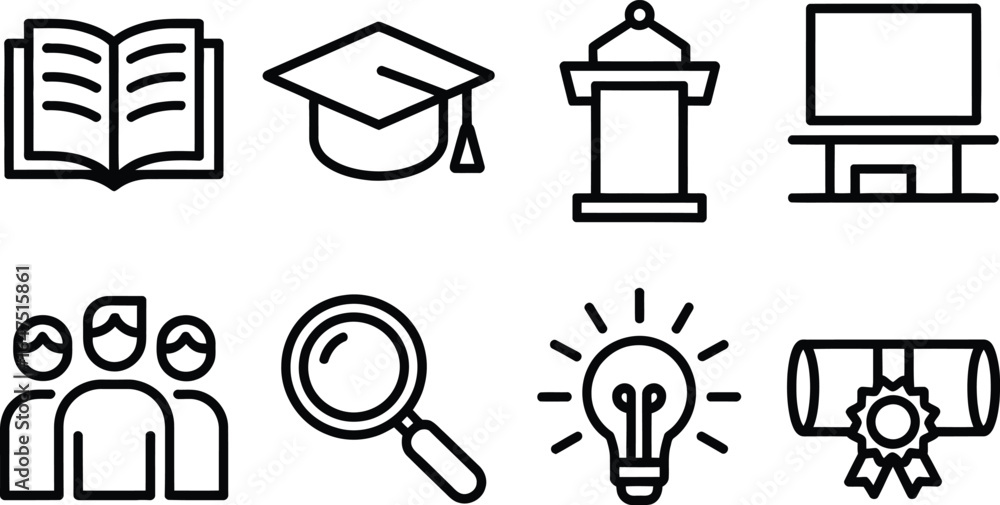 Fototapeta premium Education Line Icons Set with Book, Mortarboard, Podium, Screen and Diploma in White