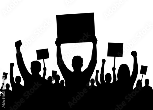 A black-and-white silhouette of a protesting crowd, with people holding up signs and fists in the air, symbolizing social unrest and activism.