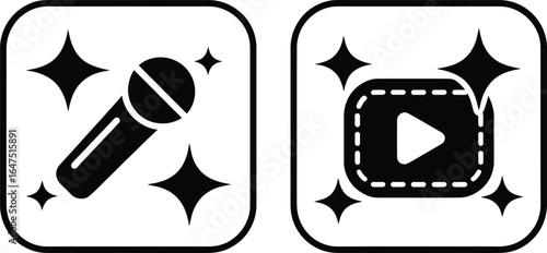Microphone video podcast recording media streaming audio broadcast karaoke channel content creation icons silhouette