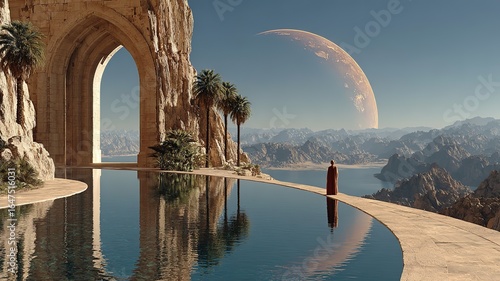 A still photo of an ancient Egyptian alien planet with water and a large moon hanging in the sky 