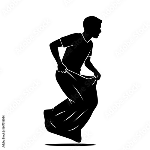 A black-and-white silhouette of a person participating in a sack race, a traditional game, symbolizing fun, competition, and childhood memories.