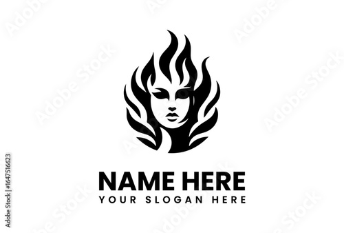 Stylized Womans Face with Flamelike Hair in Bold Black Silhouette.