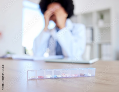 Stressed Doctor with Pill Organizer: Female healthcare worker in despair with medication box, burnout, workplace stress
