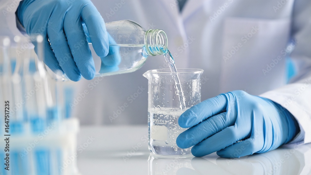 Fototapeta premium Hands in blue gloves carefully pour clear liquid from a bottle into a beaker in a laboratory setting, emphasizing precision and scientific procedure.
