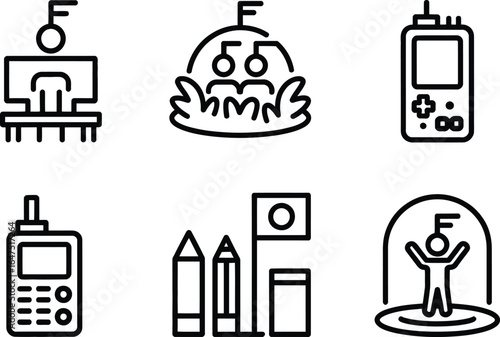 Icon Set with Desk, People, Radio, Pencils, Flag and Figure Symbols in Line Style
