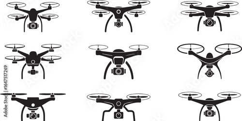 Drone Icons with Camera Designs in Black and White